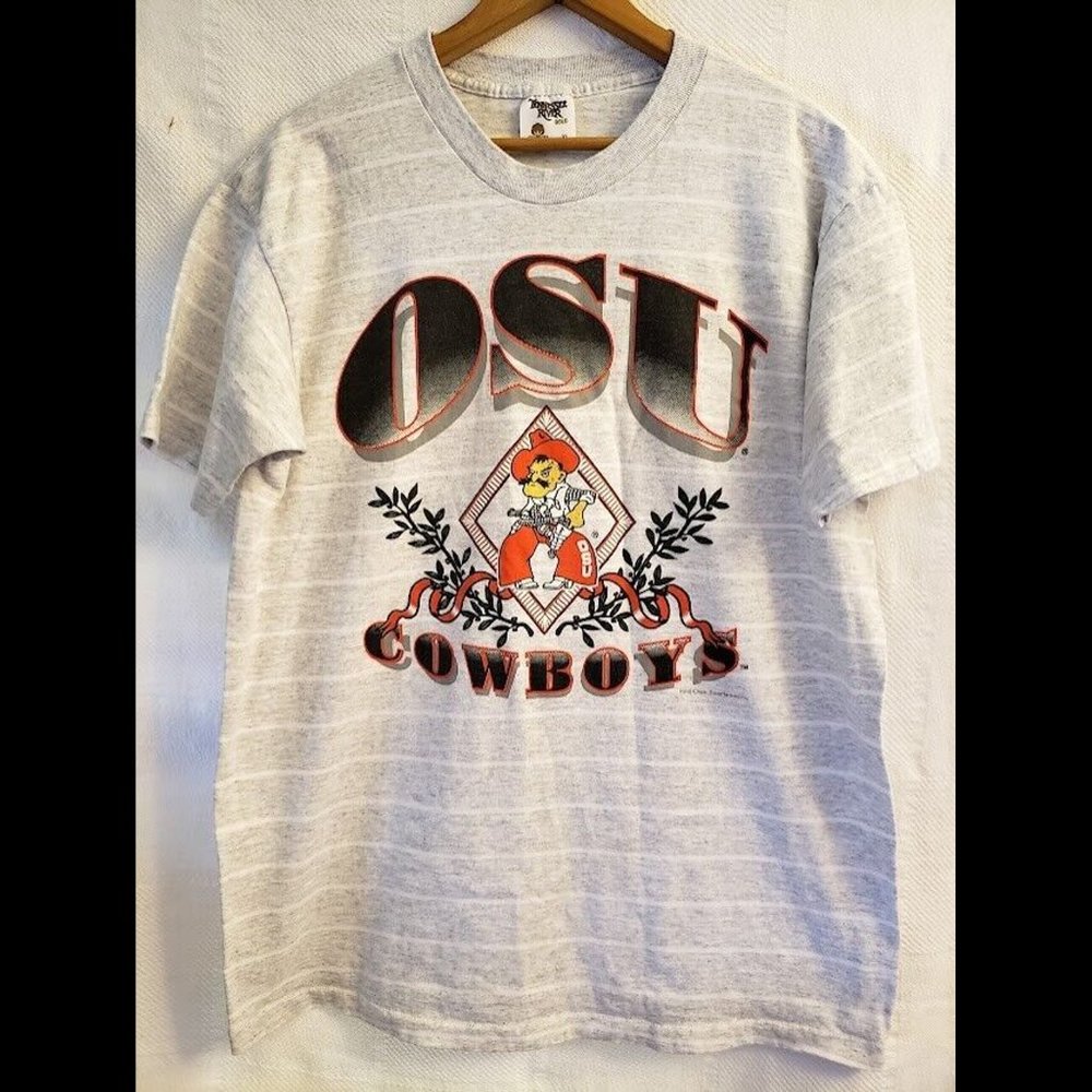 Vtg 1980s Tennessee River Gold Striped Single Stitch Oklahoma State OSU Shirt XL